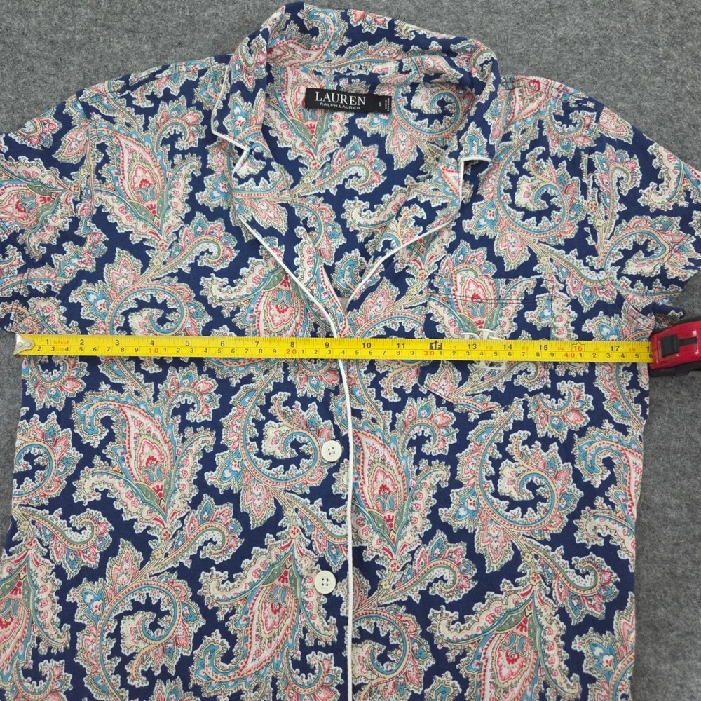 Ralph Lauren Navy Blue Paisley Cotton Blend Pajama Top Short Sleeve S